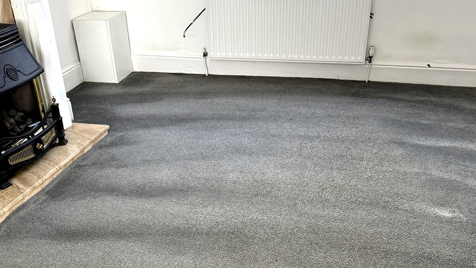 Restored grey dining room carpet after low-moisture deep cleaning, sanitising and deodorising