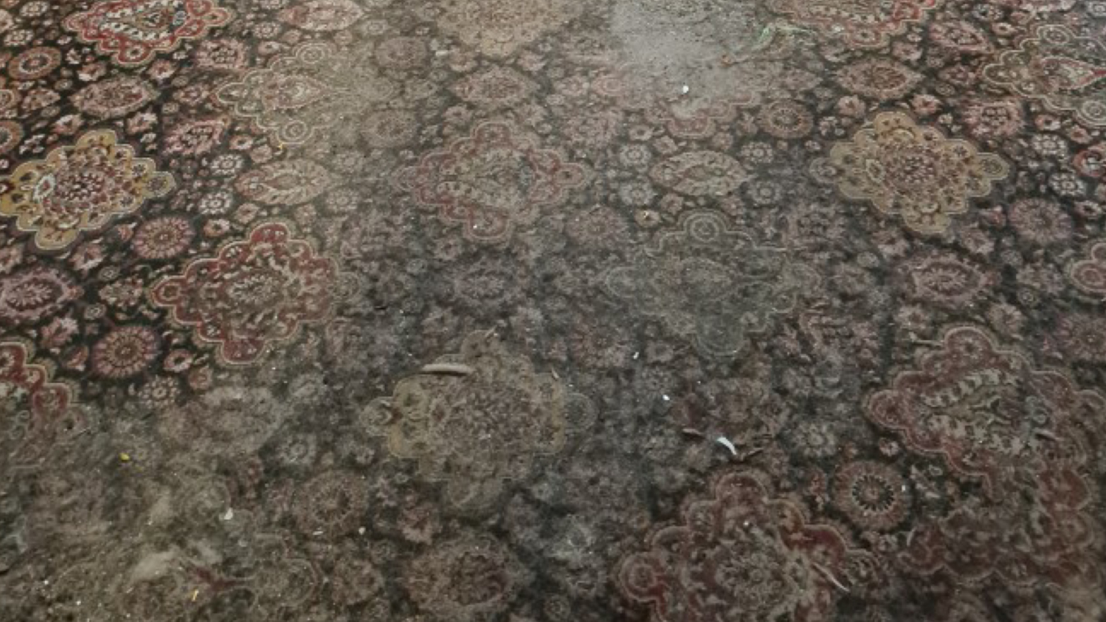 Heavily soiled patterned wool carpet with colours and design obscured by embedded dirt