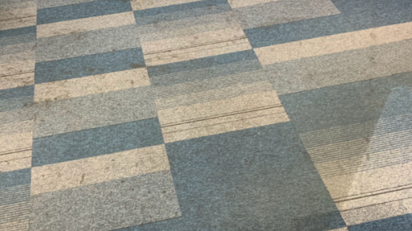 Office carpet tiles in a North East business showing visible soiling and traffic lane contamination before annual maintenance cleaning