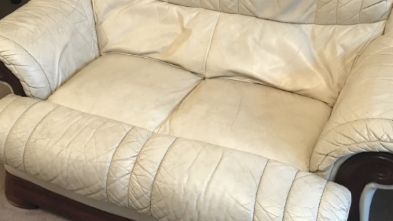 Cream leather sofa suite before specialist leather cleaning in Durham