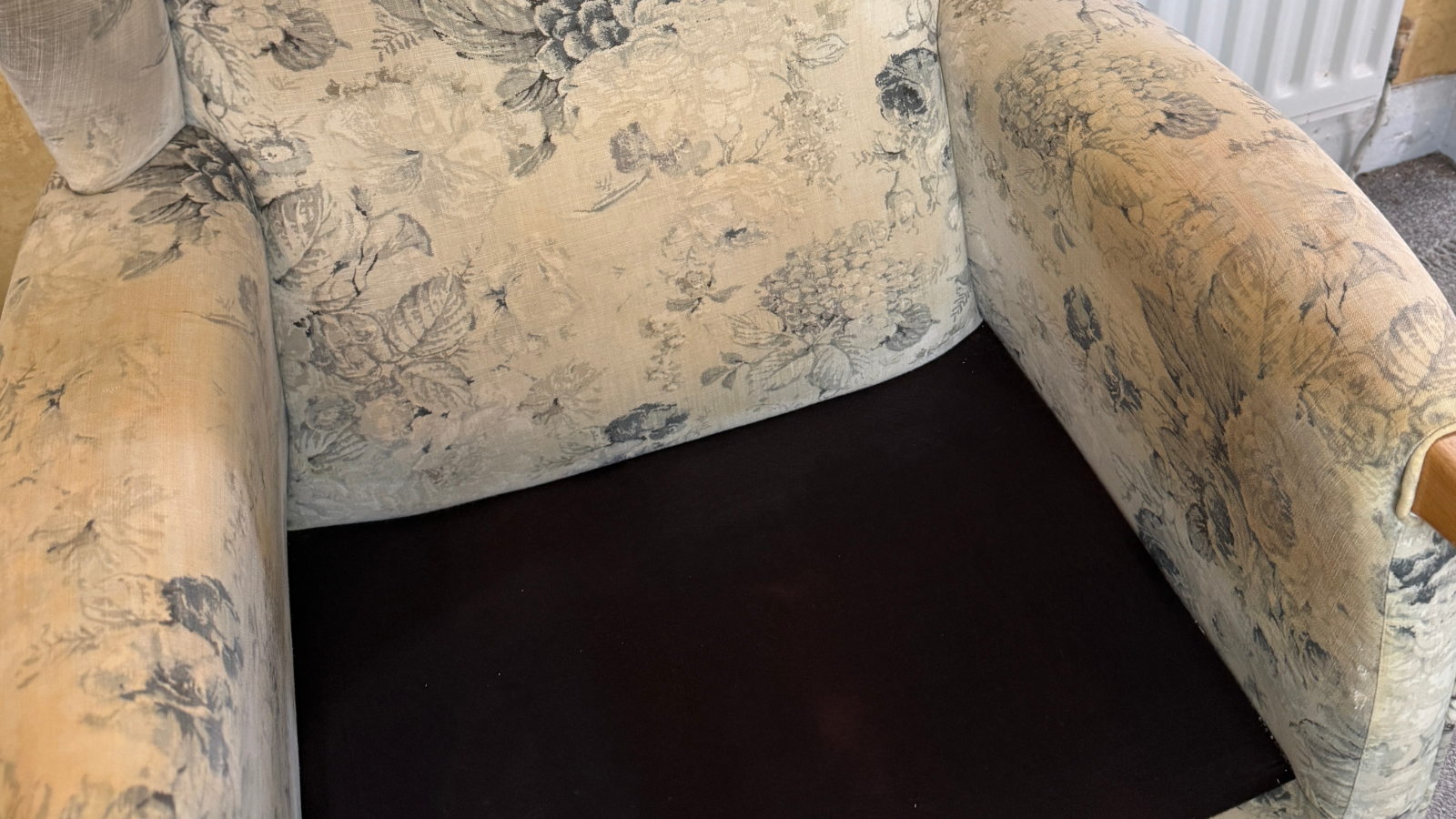 Fabric armchair after upholstery cleaning and sanitisation in Durham with major contamination removed