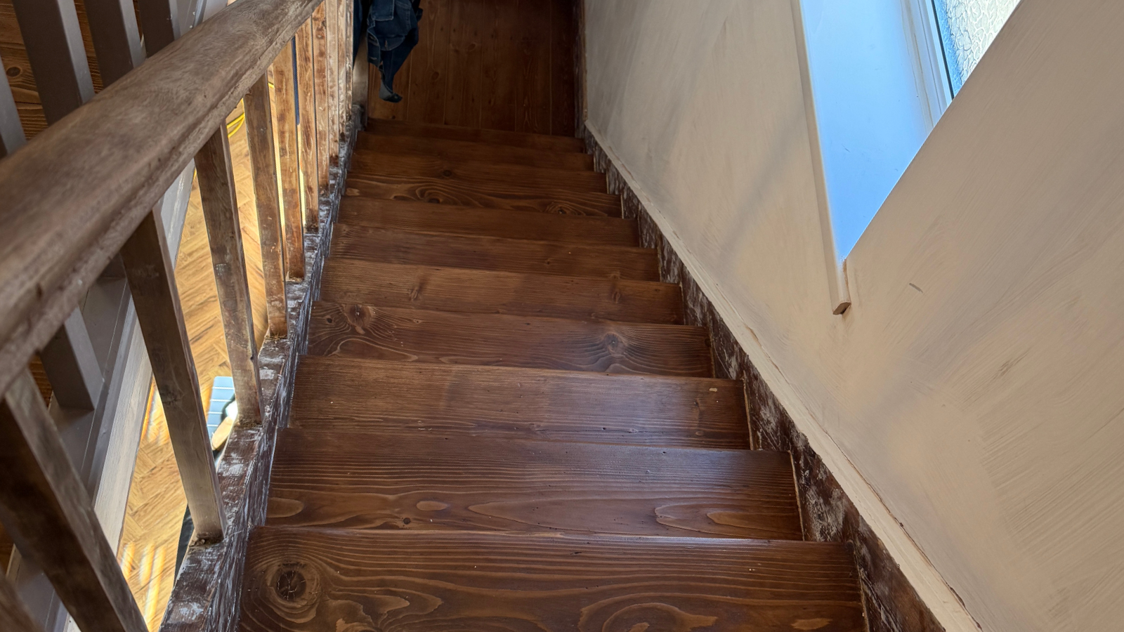 Restored pine staircase stained dark oak and finished with Bona Mega Silk Matt